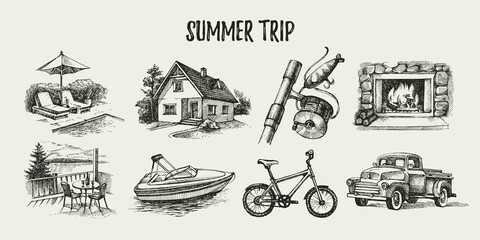 Hand drawn vintage family vacation set. Sketch retro summer trip vector illustration