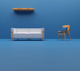 Illustration render of an empty living room with couch and wooden chair