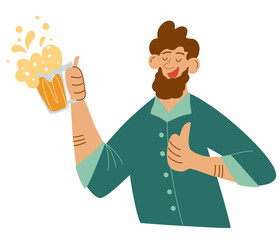 Happy Bearded Man with Mug of Beer. Making Celebratory Toast. Guy holding beer drink and having fun. Vector Illustration for bars, menus, alcoholic drinks logo, Oktoberfest.