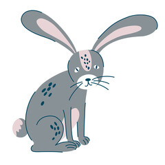 Cartoon Cute Bunny. Hand Drawn Grey hare. Forest animal. Childish print for t-shirt, apparel, cards, poster, nursery decoration. Vector illustration isolated on white background.