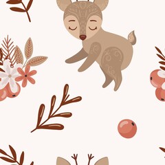 Christmas deer seamless pattern. Bouquet with berry, leaves,flower. Cute pastel illustration. Rustic background