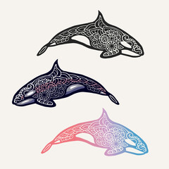 3 sets of zentangle art orca draw, line, gradient and full color
