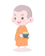 Cute style happy novice Buddhist monk with alms-bowl cartoon illustration

