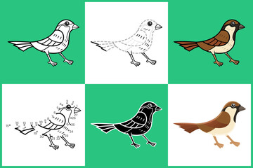 Set of cartoon SPARROW in 6 styles