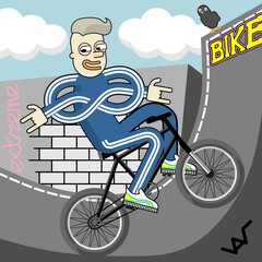 teenager riding a bike doing stunts - funny pop art and grunge style illustration