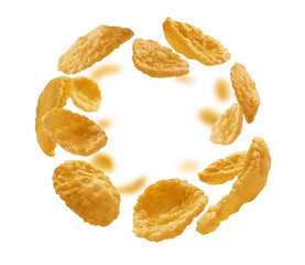 Corn flakes levitate on a white background