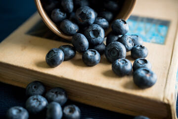 Atmospheric shot of ripe blueberries on the old book. Selective focus. Shallow depth of field.