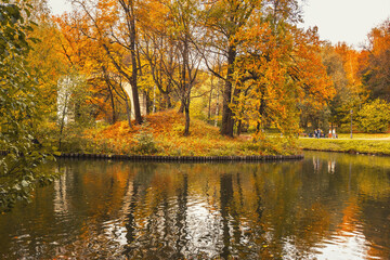 View of Island Arch and pond in Tsaritsyno park on autumn day. Moscow