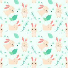 Seamless pattern with cute rabbits and green leaves for children. Cartoon design.