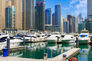 Dubai Marina skyscrapers and port in Dubai, United Arab Emirates