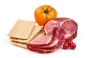 Piece of cold smoked meat, isolated on white background. High resolution image.