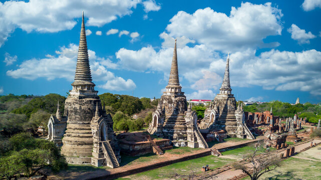 Aerial view Wat Phra Si Sanphet in Ayutthaya, Thailand, Ayutthaya Historical Park in Ayutthaya. The famous sightseeing  temple.