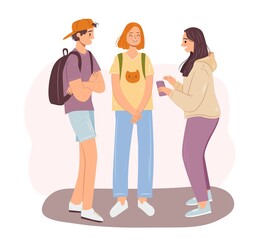 Happy teen friends talking concept. Group of cheerful school friends having conversation standing and smiling. Girls and a boy with backpack and smartphone. Flat hand drawn vector illustration