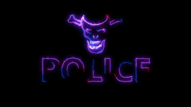 Stylized police logo and skull in glowing animation on a black background