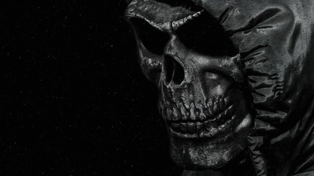 Stylized death in the form of a skull on a dark background with falling ash similar to snow in the Gothic style