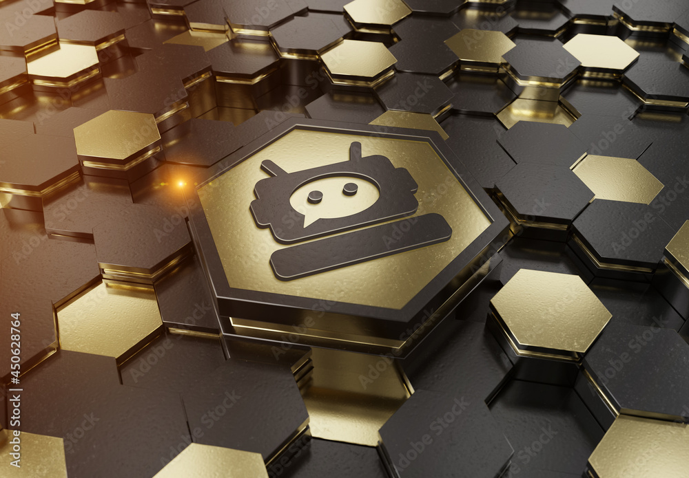 Aufkleber Chatbot icon concept engraved on gold hexagonal pedestral background. Chat bot assistance logo glowing on abstract digital surface. 3d rendering