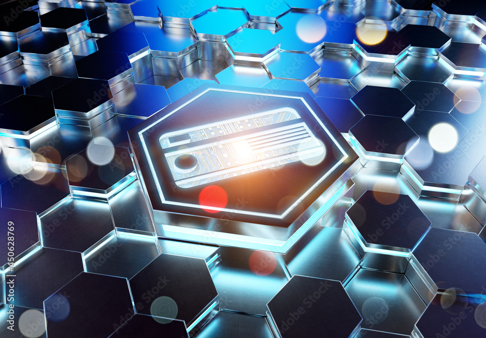 Poster payment card icon concept engraved on metal hexagonal pedestral background. credit card logo glowing