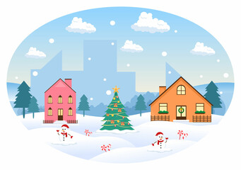 Fototapeta na wymiar Winter Landscape With House Background, Panorama Snowfall, Town, Trees Or Mountain Silhouette. Christmas and Happy New Year Vector Illustration
