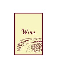 Simple vector drawing in vintage style. Traditional wine label in burgundy beige colors. Vineyard, landscape, grape bushes.