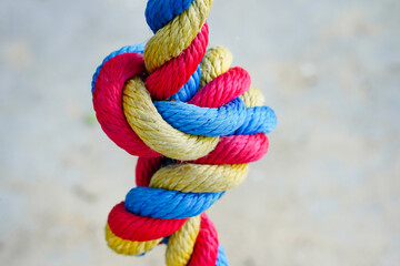 Color rope knot, three colors red, blue, yellow. The concept of bondage, connection, relationship pull the rope