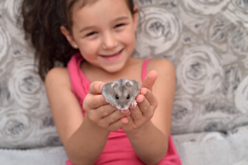Young girl sitting on the sofa and holding her pet hamster. Friendship of child and animal. Keeping pets at home, care and love of animals concept. 