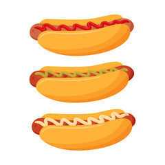 Hot dog with sausage and various sauces, mayonnaise, ketchup, mustard. Sausage in a bun. Fast street food, snack. Fatty, high-calorie food.Flat cartoon style, isolated on white. Color vector.