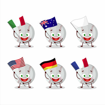 Baseball cartoon character bring the flags of various countries