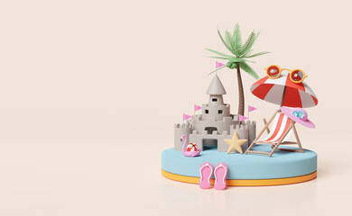 stage podium with sand castle,beach chair,sunglasses,Inflatable flamingo,sandals,palm,summer travel or online shopping summer sale concept, 3d illustration or 3d render