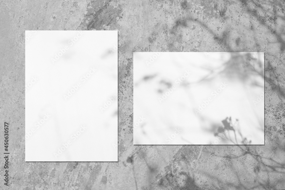 Canvas Prints two empty white vertical and horizontal rectangle poster or card mockups with soft tree leaves and b