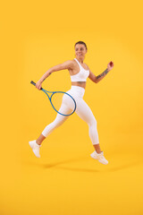 Fototapeta na wymiar sport game and hobby. summer activity. smiling young girl in sportswear run with racket.