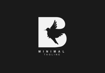 Negative space bird letter b minimal logo vector with black background  