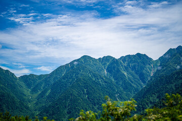 富山県中新川郡上市町の中山から立山の剱岳を望む登山をしている風景 A view of mountain climbing with a view of Tsurugidake in Tateyama from Nakayama in Kamiichi Town, Nakashinagawa County, Toyama Prefecture.