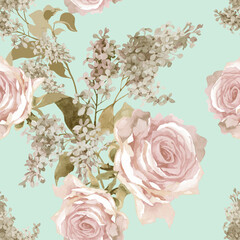 Light pink roses and lilac flowers branches on light turquoise background seamless pattern for all prints.