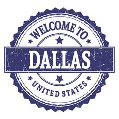 WELCOME TO DALLAS - UNITED STATES, words written on blue stamp