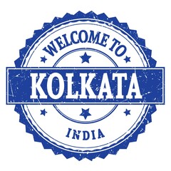 WELCOME TO KOLKATA - INDIA, words written on blue stamp