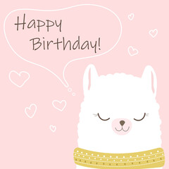Vector cartoon card. Doodle illustration. Template, background for print, design. Cute poster with funny llama. Happy Birthday.