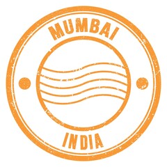 MUMBAI - INDIA, words written on orange postal stamp