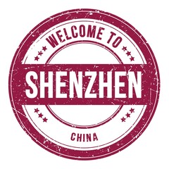 WELCOME TO SHENZHEN - CHINA, words written on dark red stamp