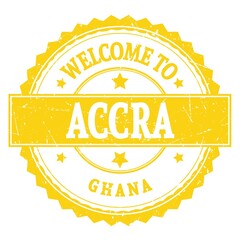 WELCOME TO ACCRA - GHANA, words written on yellow stamp