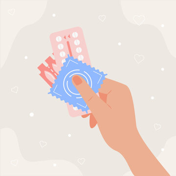 Person holding in hand different types of contraception. Birth control methods concept. Condom and hormonal contraceptive pills for safe sex. Vector flat style illustration on background.
