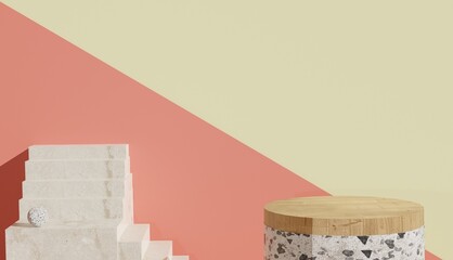 minimal view of terrazzo and wood podium with stairs on the side, premium photo