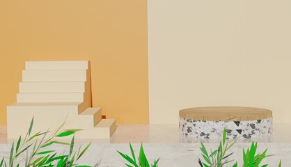 minimal view of terrazzo and wood podium with leaves and stairs on the side, premium photo