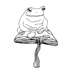 Isolated vector image illustration design of black and white lined frog on a mushroom