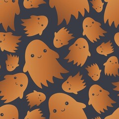 Colorful seamless vector pattern illustration of cute smiling ghosts in orange tones on grey