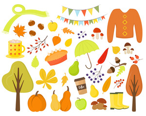 Set of autumn elements: falling leaves, pumpkins, sweater, trees, berries. Collection of autumn attributes isolated. Fall season elements perfect for scrapbook, card, poster, invitation, sticker kit.