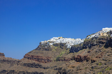 Summer travel landscape. Greece, Cyclades Islands, Santorini, Oia. Panoramic view of the Santorini caldera cliffs from the Imerovigli village on Santorini island, Greece