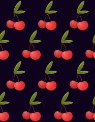 Seamless pattern with ripe realistic red cherries on dark background. Stock illustration for background, wallpaper, textile, scrapbooking, wrapping paper.