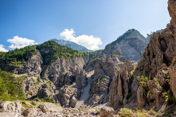 Fototapeta premium Mountains and nature at the natural park of Friuli Dolomites (Parco Naturale Dolomiti Friulane). This place is named Forra del torrente Susaibes. Pordenone province, Friuli Venezia Giulia, Italy.
