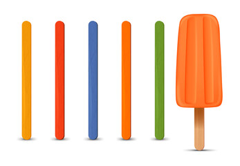 Set of realistic popsicle sticks. Orange ice cream 3D. Vector illustration, summer season.