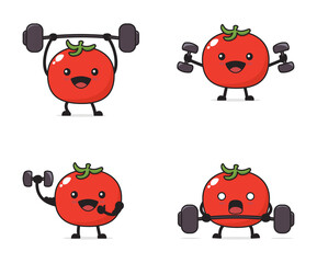 tomato cartoon with exercise equipment